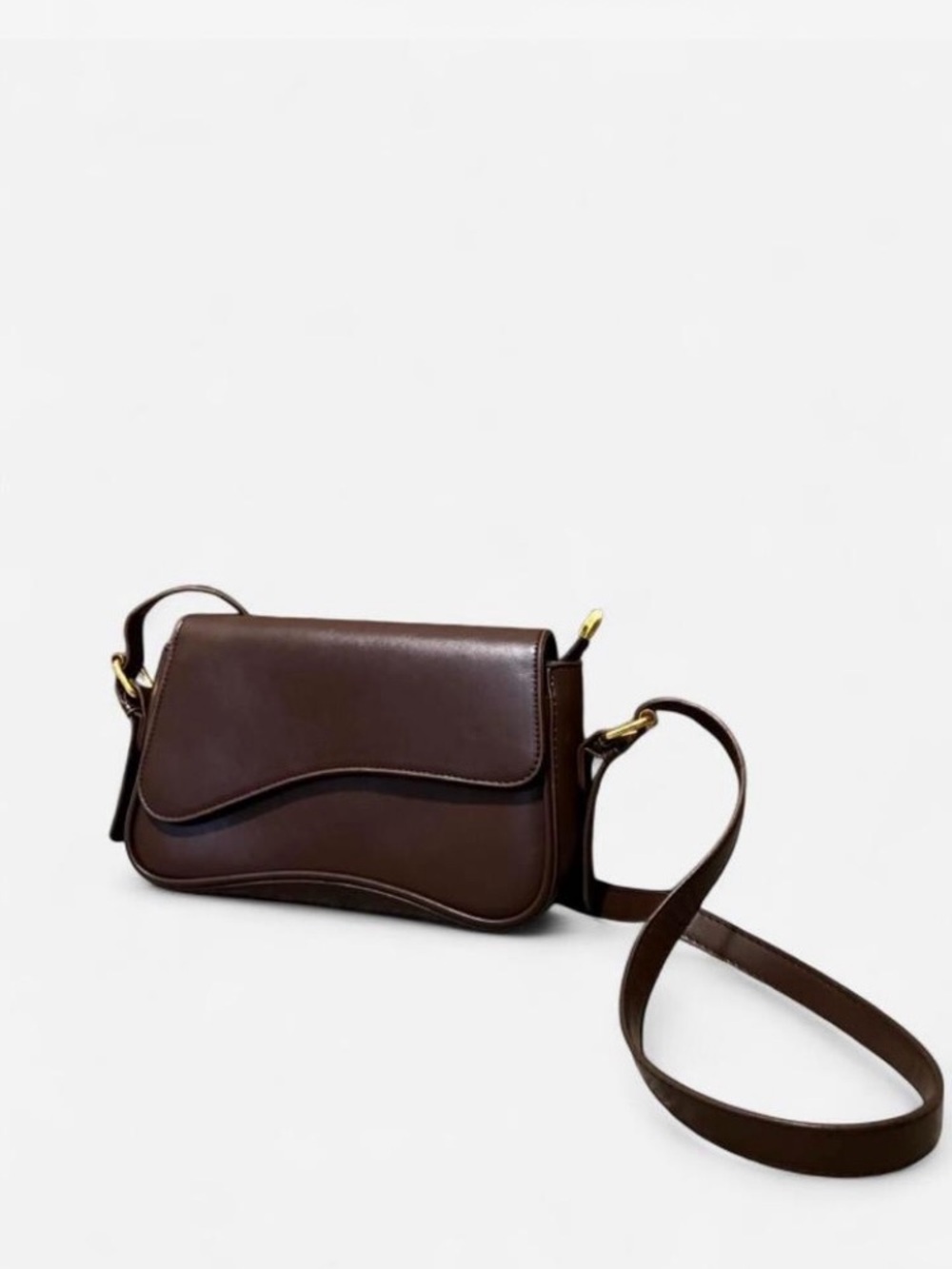 Brown Faux Leather Shoulder Flap Bag Minimalist Crossbody Purse Gold Hardware